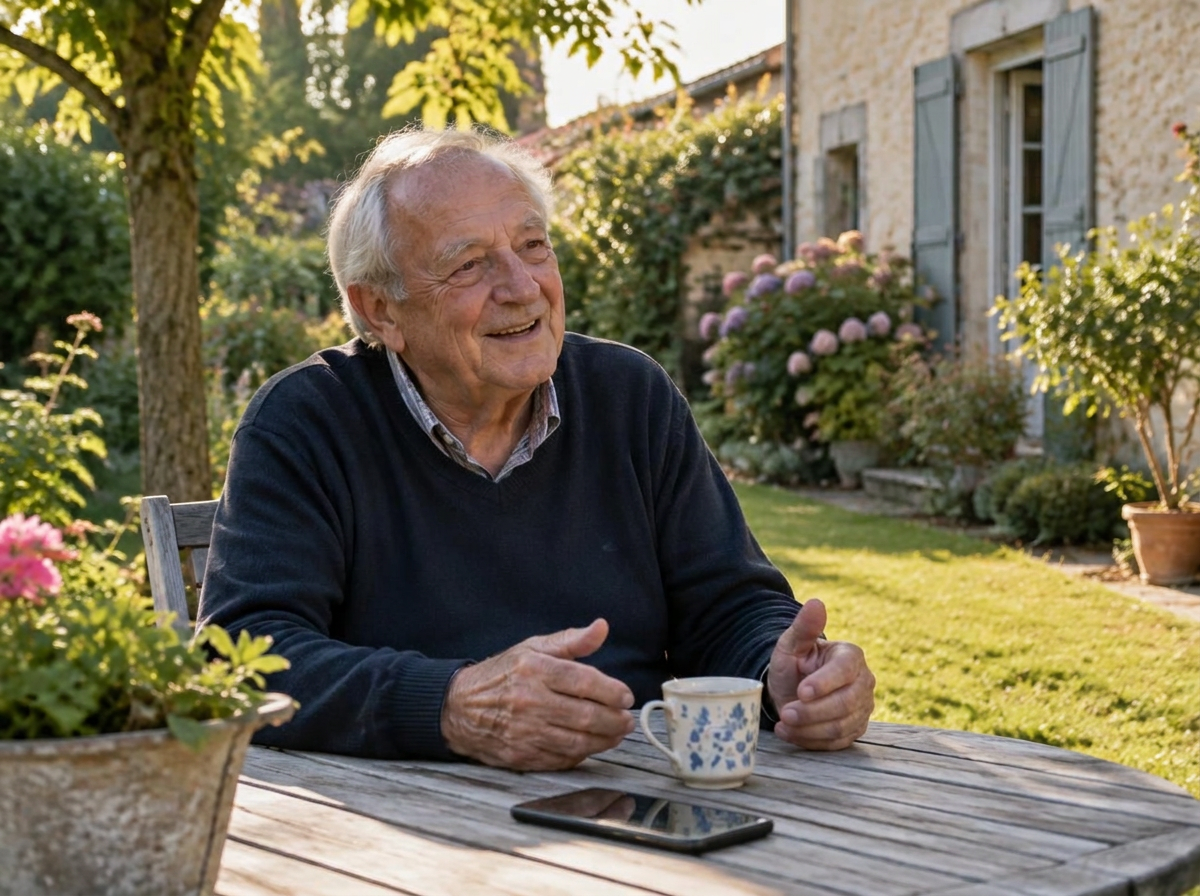 Un monsieur âgé raconte un souvenir, assis seul à une table dans son jardin